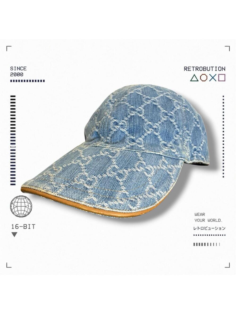 Gucci GG Canvas Denim Monogram Leather Trim Hat Blue Size M